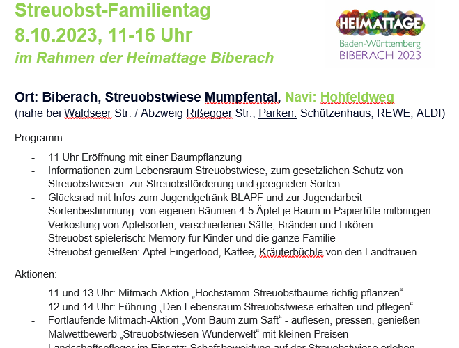 Streuobst-Familientag am Sonntag 8.10.2023 in Biberach